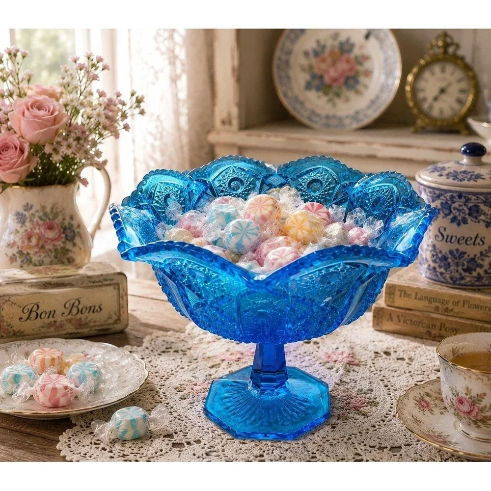 L E Smith Heritage Quintec Blue Stemmed Footed Compote Dish Bowl Cottage Core